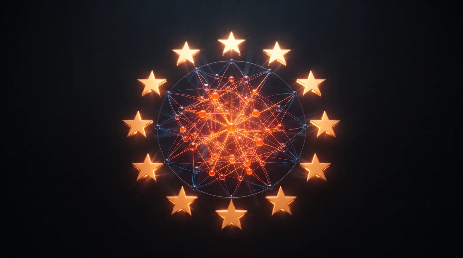 EU AI Act illusztráció: tizenkét arany EU-csillag köre, benne izzó narancs-kék neurális háló sötét háttéren