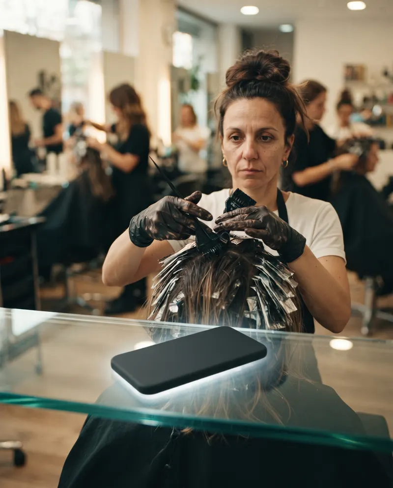 Fodrász festékes kesztyűben dolgozik, előtte az üvegpolcon csörög a lefordított telefon.