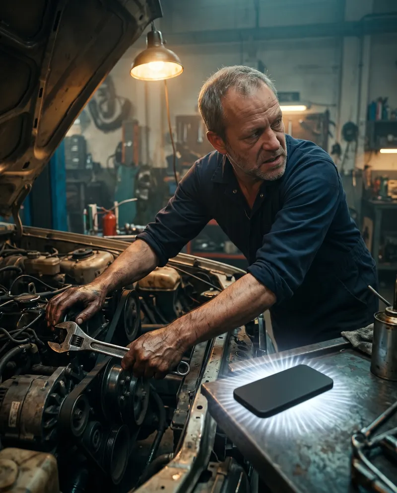 Autószerelő olajos kézzel a motortérben, mellette a munkapadon csörög a telefon.