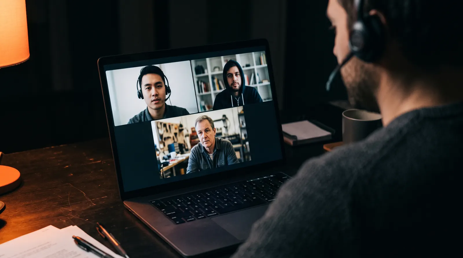 Online szakmai megbeszélés: az értékesítő, a technikai szakember és az ügyfél egy videóhívásban