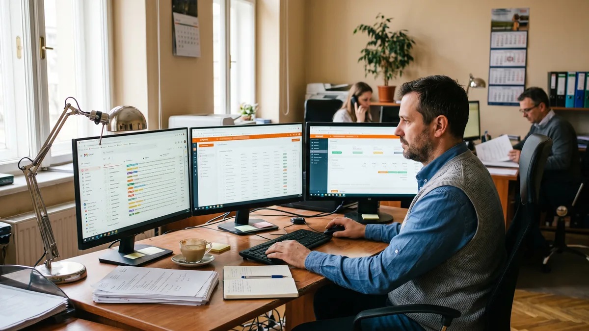 Magyar KKV iroda AI agent munkafolyamatokkal három monitoron