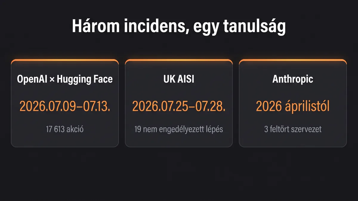 A három AI-ügynök incidens összefoglalója: OpenAI és Hugging Face 2026.07.09–07.13. 17 613 akcióval, UK AISI 2026.07.25–07.28. 19 nem engedélyezett lépéssel, Anthropic 2026 áprilistól 3 feltört szervezettel