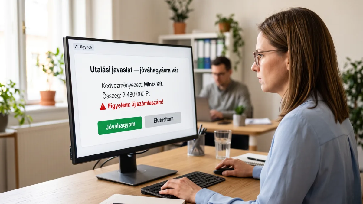 Pénzügyi vezető ellenőrzi az AI-ügynök utalási javaslatát, a képernyőn figyelmeztetés: új számlaszám