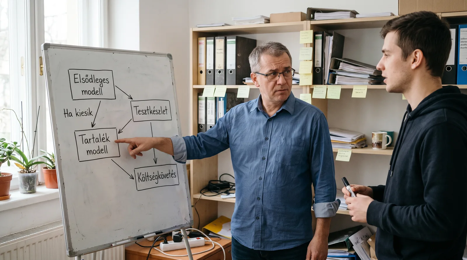 MI-vel generált illusztráció: cégvezető és fejlesztő táblán vázolja az elsődleges modell, a tartalék modell, a tesztkészlet és a költségkövetés kapcsolatát