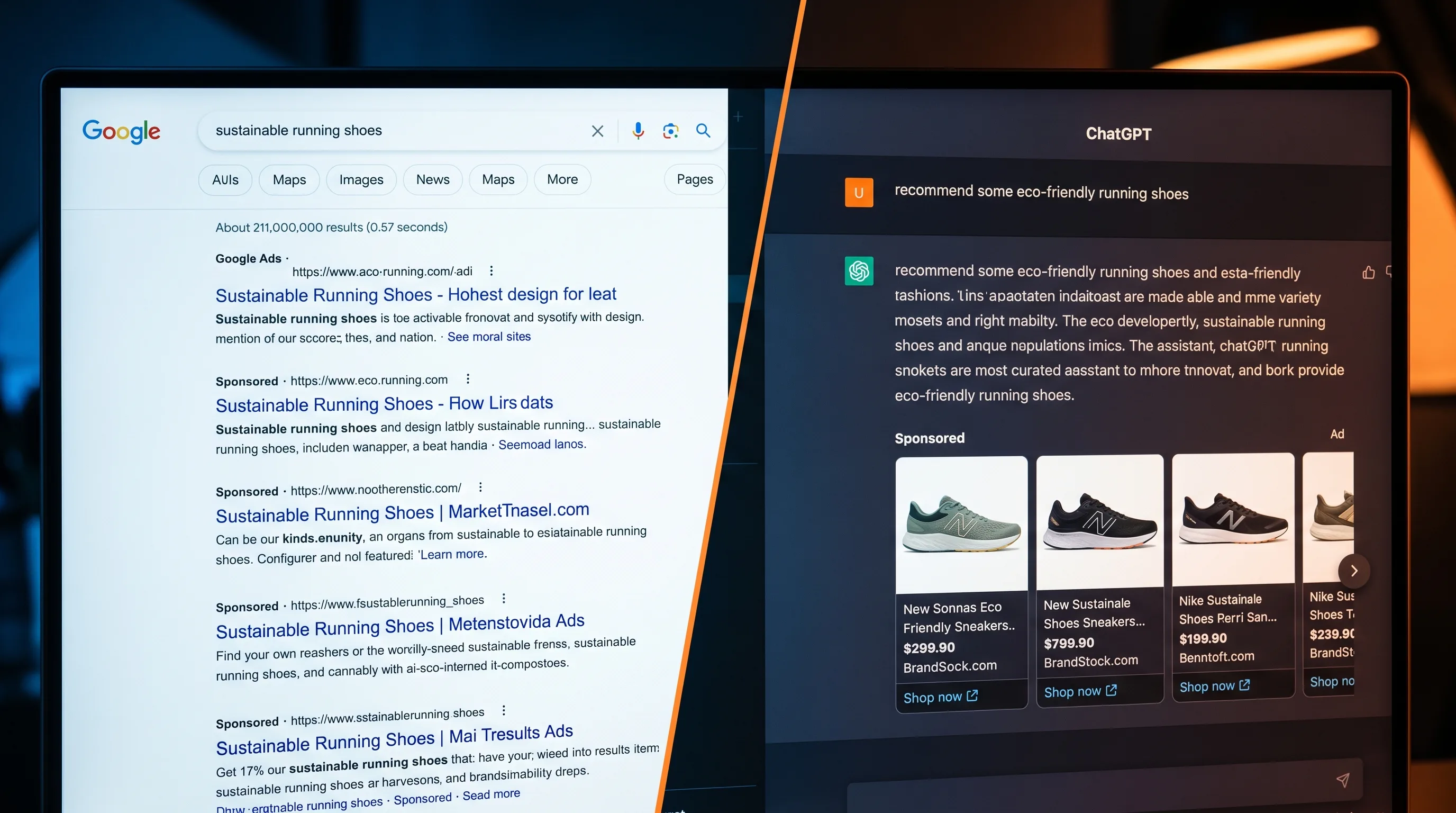Google Search keresési találatok és ChatGPT Ads hirdetési felület összehasonlítása — bal oldalon hagyományos kék linkek, jobb oldalon AI chatbot Sponsored shopping karuszel