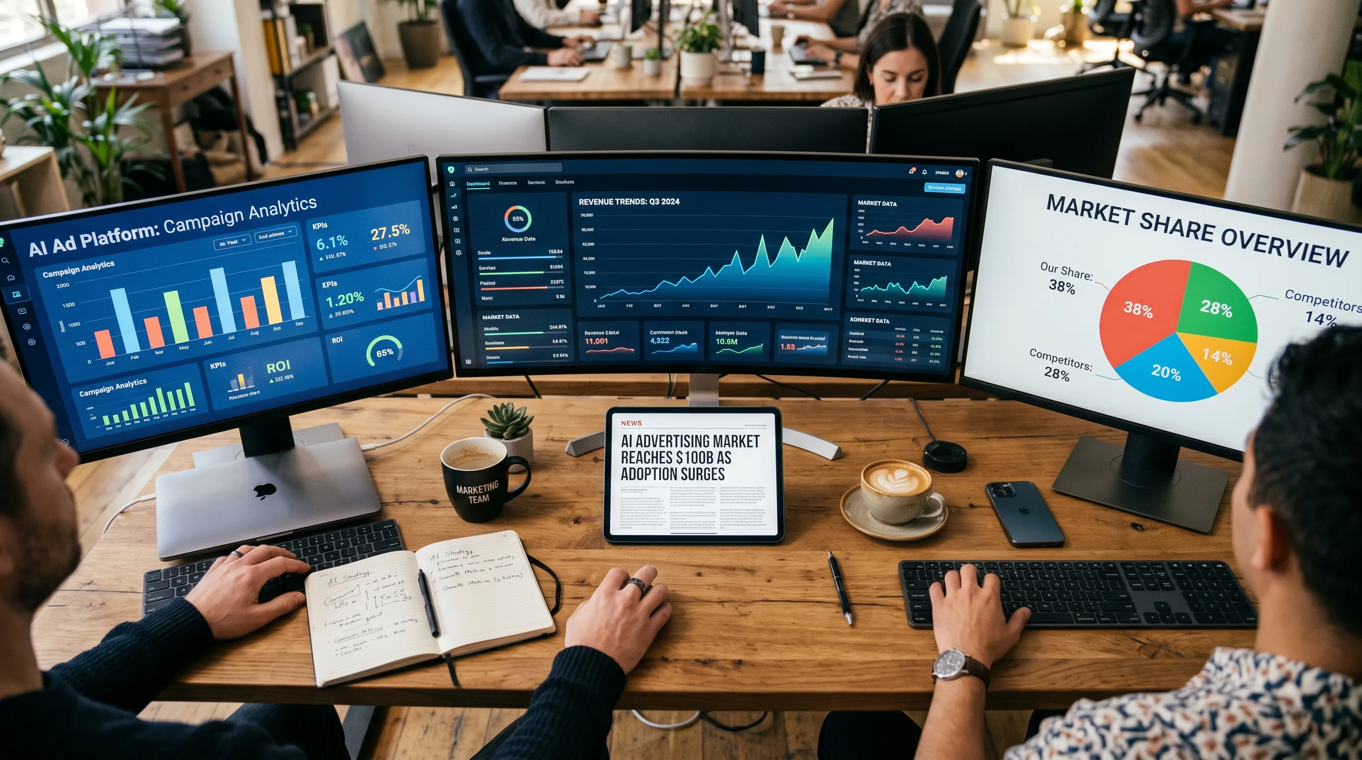 Modern marketing csapat munkaterülete felülnézetből — több képernyőn AI hirdetési platformok dashboardjai, bevételi grafikonok és piaci részesedés diagramok