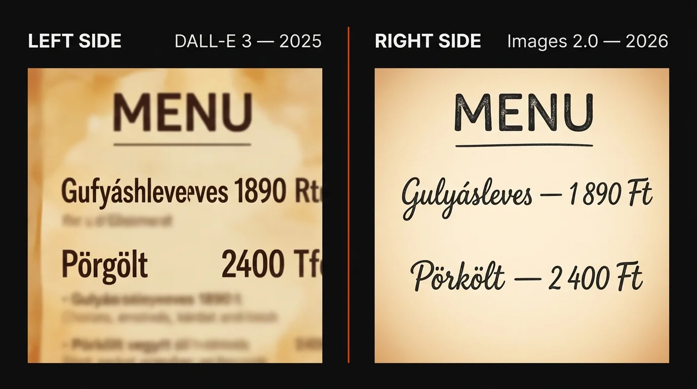 DALL-E 3 és ChatGPT Images 2.0 összehasonlítása — ugyanarra a magyar nyelvű étlap promptra a DALL-E 3 elrontott szöveget, az Images 2.0 tiszta Gulyásleves és Pörkölt feliratot ad vissza
