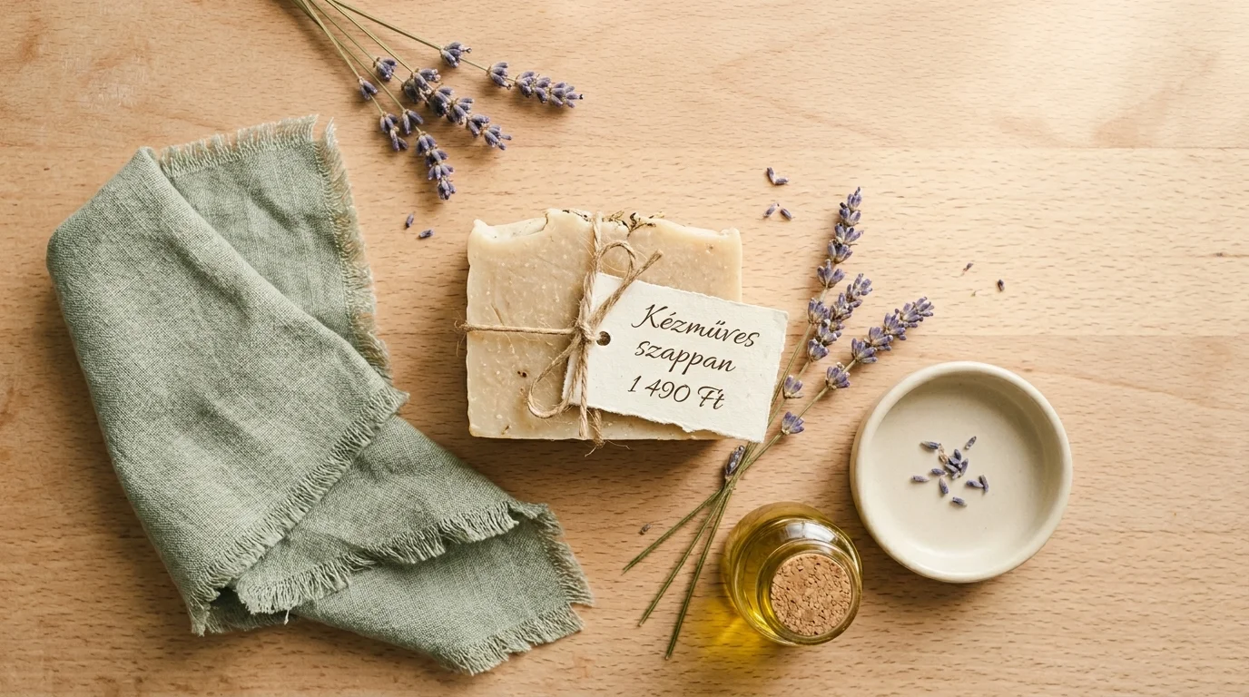 Magyar kézműves szappan termékfotó flat-lay stílusban — ChatGPT Images 2.0-val generált lifestyle termékkép webshopoknak