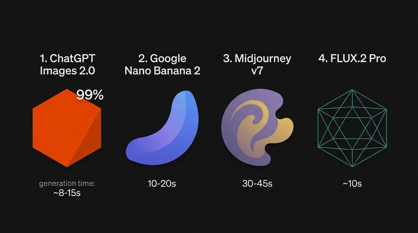 Négy AI képgenerátor összehasonlítása — ChatGPT Images 2.0, Google Nano Banana 2, Midjourney v7 és FLUX.2 Pro generálási idő és erősség szerint