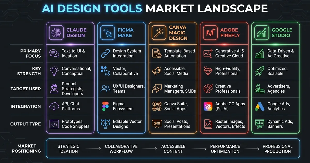 AI design eszközök összehasonlítása: Claude Design vs Figma Make vs Canva Magic Design vs Adobe Firefly vs Google Studio