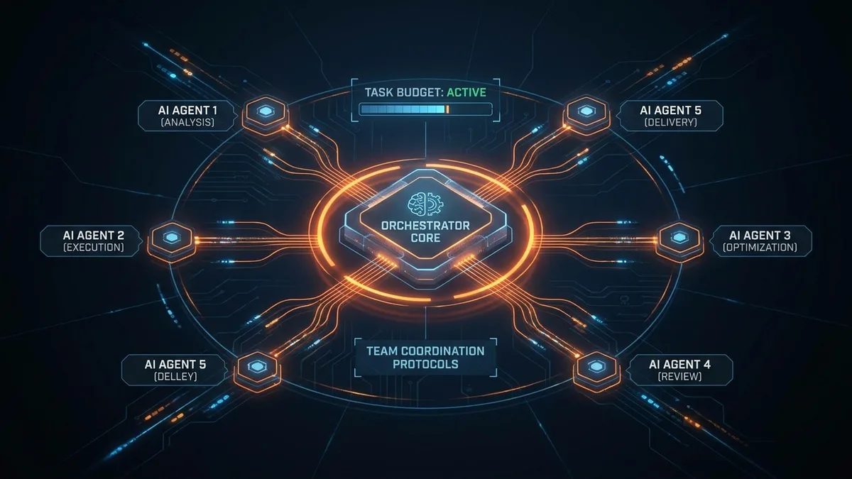 Agentic workflow folyamatábra — Claude Opus 4.7 Task Budget és Agent Teams párhuzamos ágensekkel