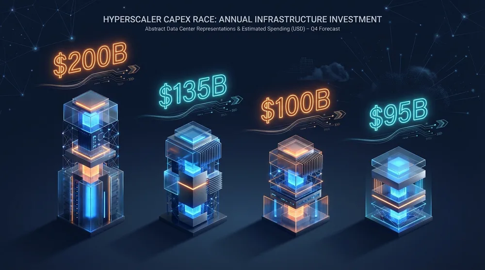 AWS, Meta, Microsoft és Alphabet hyperscaler capex összehasonlítása 2026-ban — dollár összegek editorial infografika stílusban