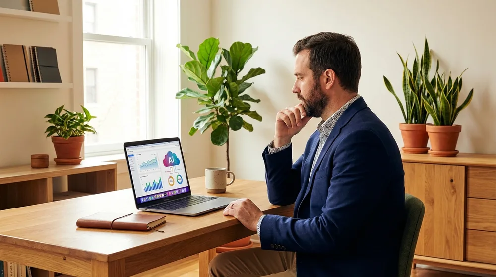 Magyar KKV vállalkozó laptop előtt cloud AI dashboardot elemez — AWS Bedrock, Google Cloud AI, Microsoft Azure AI összehasonlítás magyar KKV szemszögből