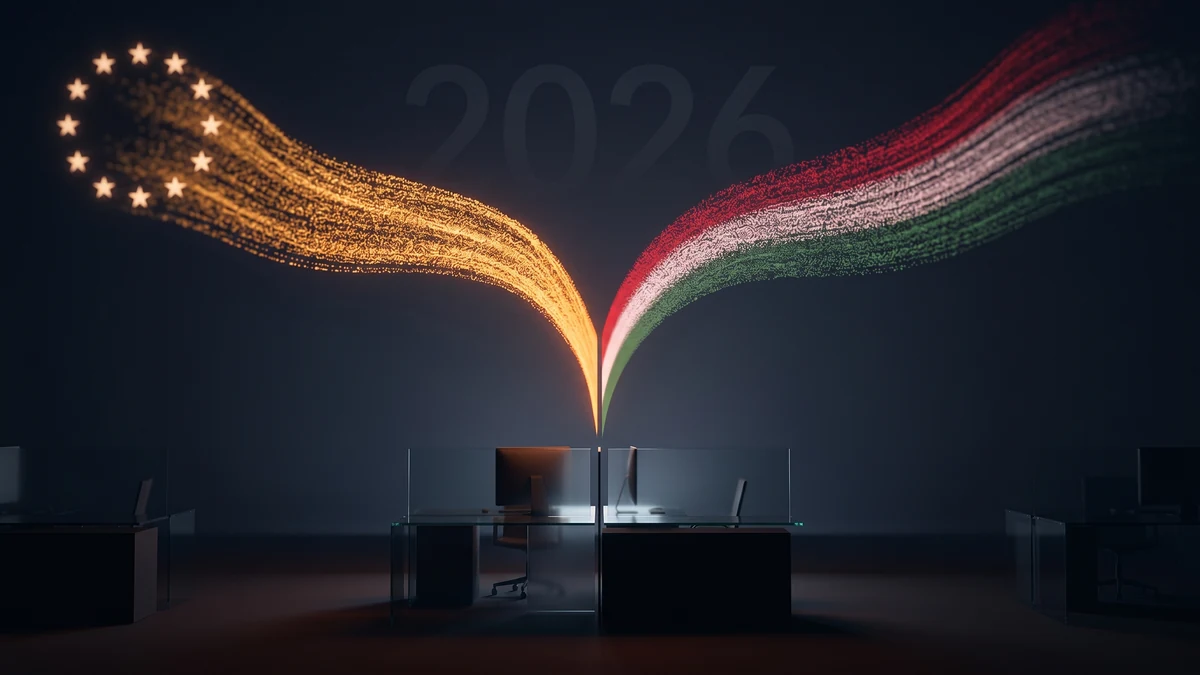 Magyar KKV finanszírozás EU AI Act compliance-re — 50% támogatás a KI Compliance programból, EU és magyar zászló elemek narancs akcentussal