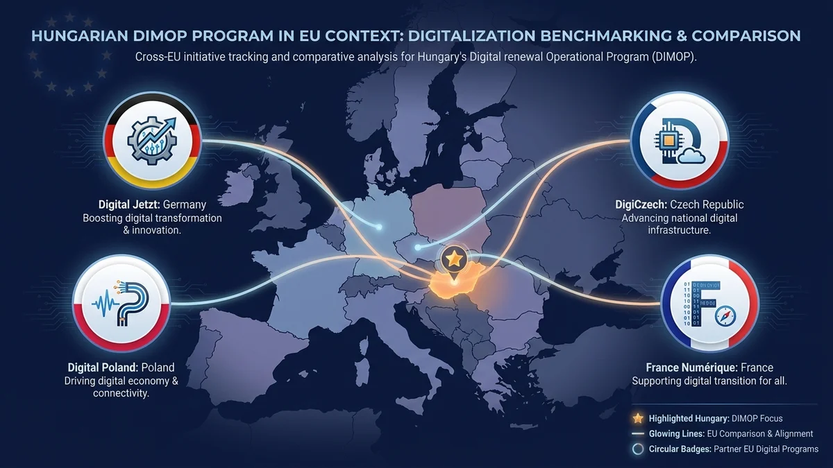 EU digitalizációs támogatási programok összehasonlítása — Digital Jetzt, DigiCzech, Digital Poland, France Numérique és a magyar DIMOP