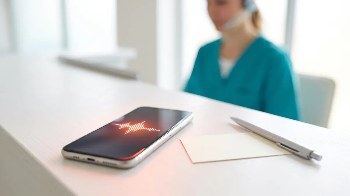 Kihangosított okostelefon fogorvosi recepciós pulton, kijelzőjén hanghullám – a telefonos AI-asszisztens magyar tesztje