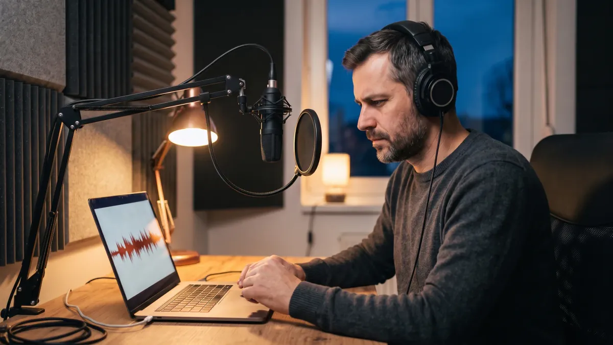 Kisvállalkozó otthoni stúdióban, fejhallgatóval figyeli a laptopon egy AI-hanggenerátorral készült narráció hangsávját