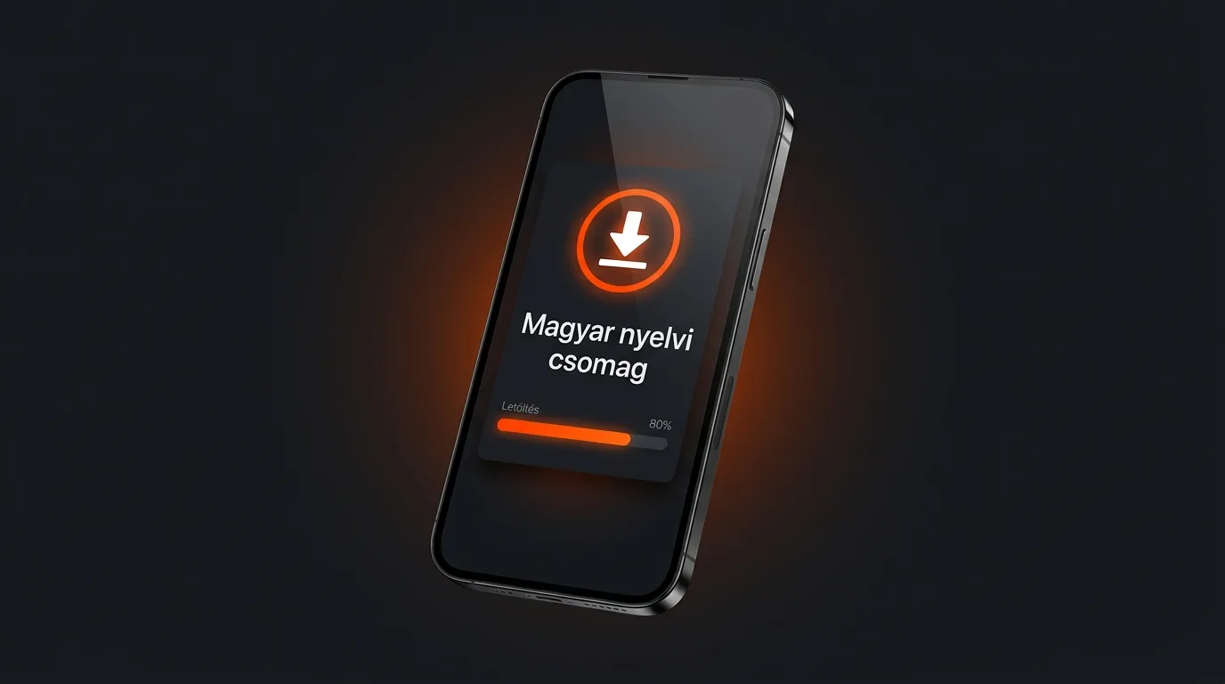 MI-vel generált koncepcionális illusztráció: okostelefon képernyőjén a magyar nyelvi csomag letöltése folyamatjelzővel