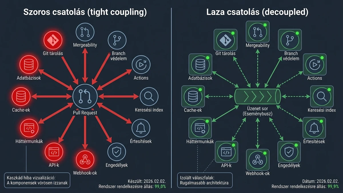 Tight coupling versus laza csatolás architektúra diagram — pull request 12 komponens szinkron függősége vs. üzenet-orientált aszinkron decoupled rendszer