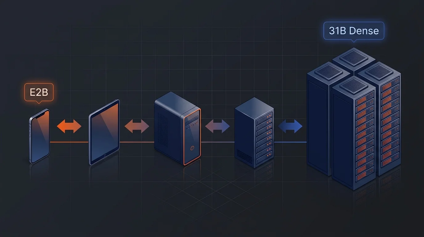 Gemma 4 modellméretek vizuális összehasonlítása — E2B mobiltelefonon, E4B edge eszközön, 26B MoE és 31B Dense szerveren