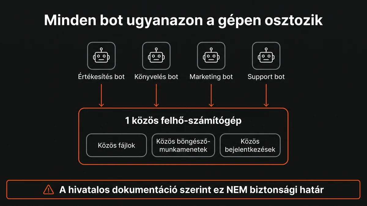 Ábra: az értékesítési, könyvelési, marketing és support bot mind ugyanahhoz az egy közös felhő-számítógéphez fér hozzá, közös fájlokkal, böngésző-munkamenetekkel és bejelentkezésekkel