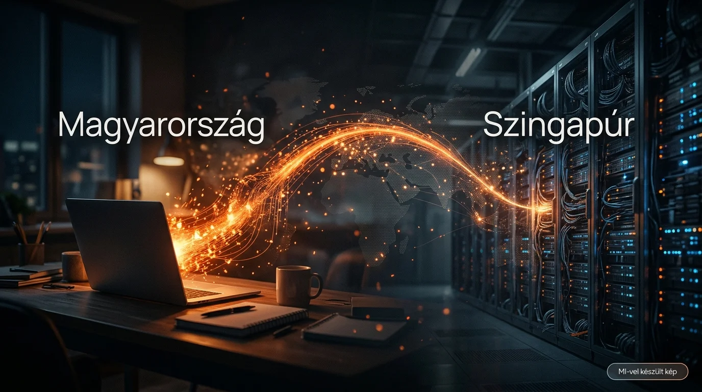 Kimi API adatfolyam: egy magyar iroda laptopjáról induló adat egy szingapúri szerverközpont felé, magyar feliratokkal (MI-vel készült kép)