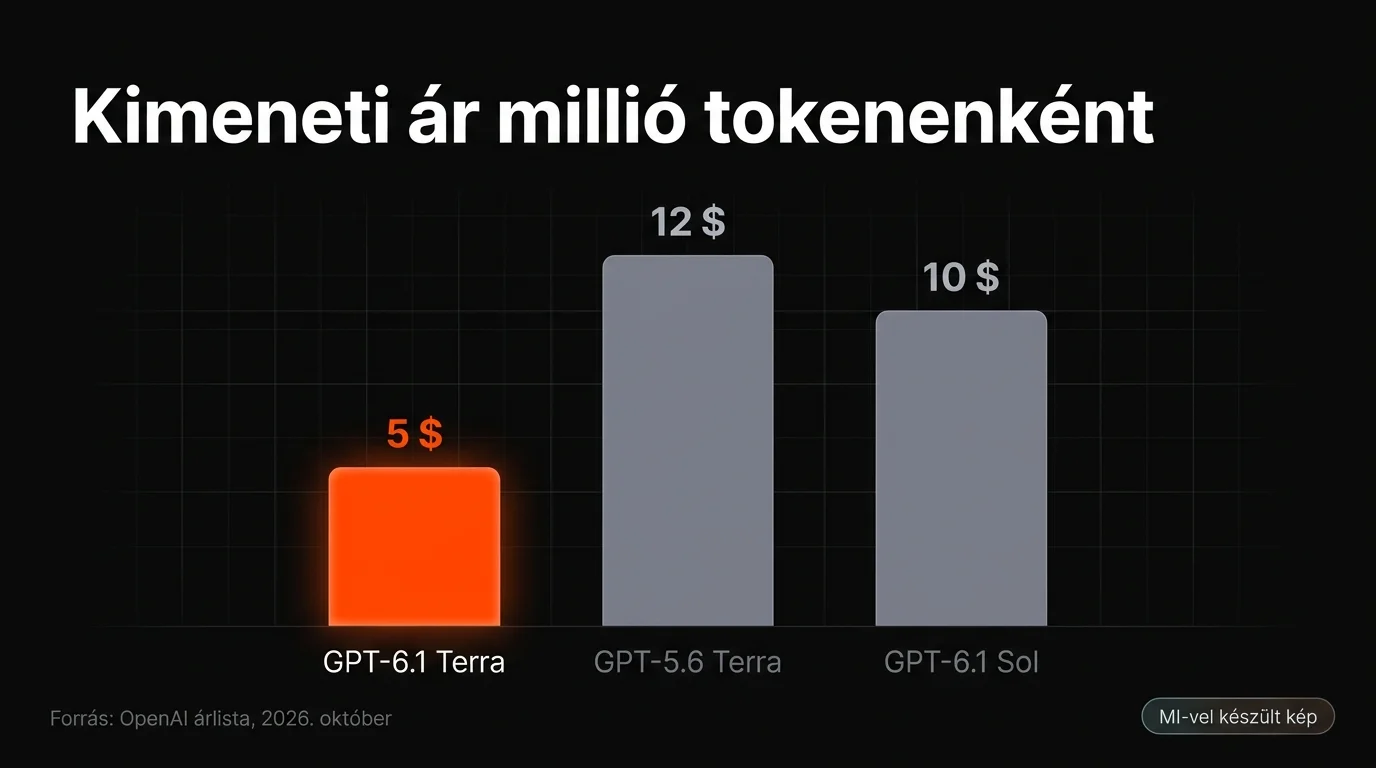 Oszlopdiagram: a GPT-6.1 Terra, a GPT-5.6 Terra és a GPT-6.1 Sol kimeneti ára millió tokenenként, 5, 12 és 10 dollár, magyar feliratokkal (MI-vel készült kép)