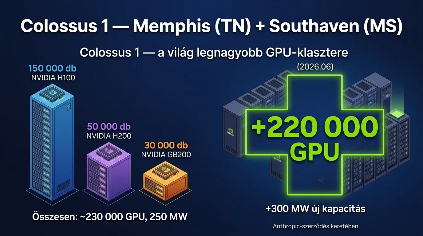Colossus 1 adatközpont GPU-mix infografika magyar címkékkel: 150 000 H100, 50 000 H200, 30 000 GB200 + 220 000 új GPU bővítés a SpaceX Anthropic megállapodás keretében