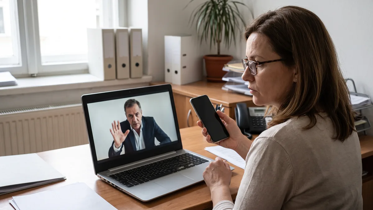 Illusztráció: deepfake-videóhívás egy kisvállalati irodában; a pénzügyes munkatárs telefonnal visszahívásra készül