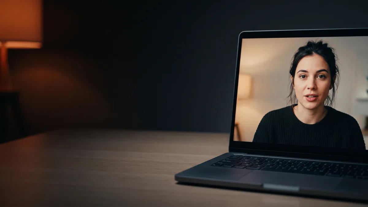 Illusztráció: félhomályos asztalon laptop, a képernyőn videóhívásban beszélő fiatal nő