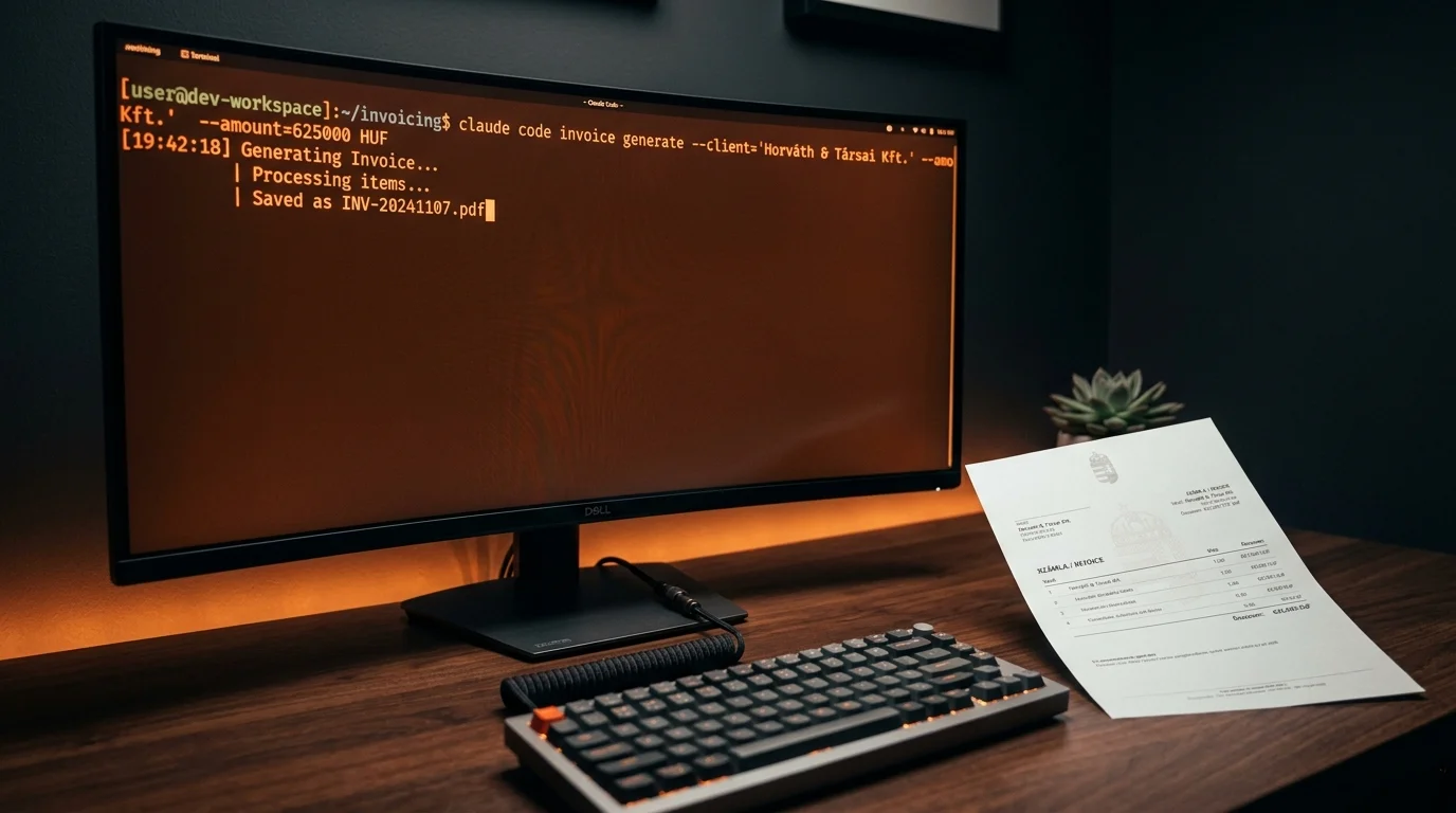 Claude Code terminál számlázási sessionnel és magyar számla dokumentummal egy sötét, cinematic munkaterületen
