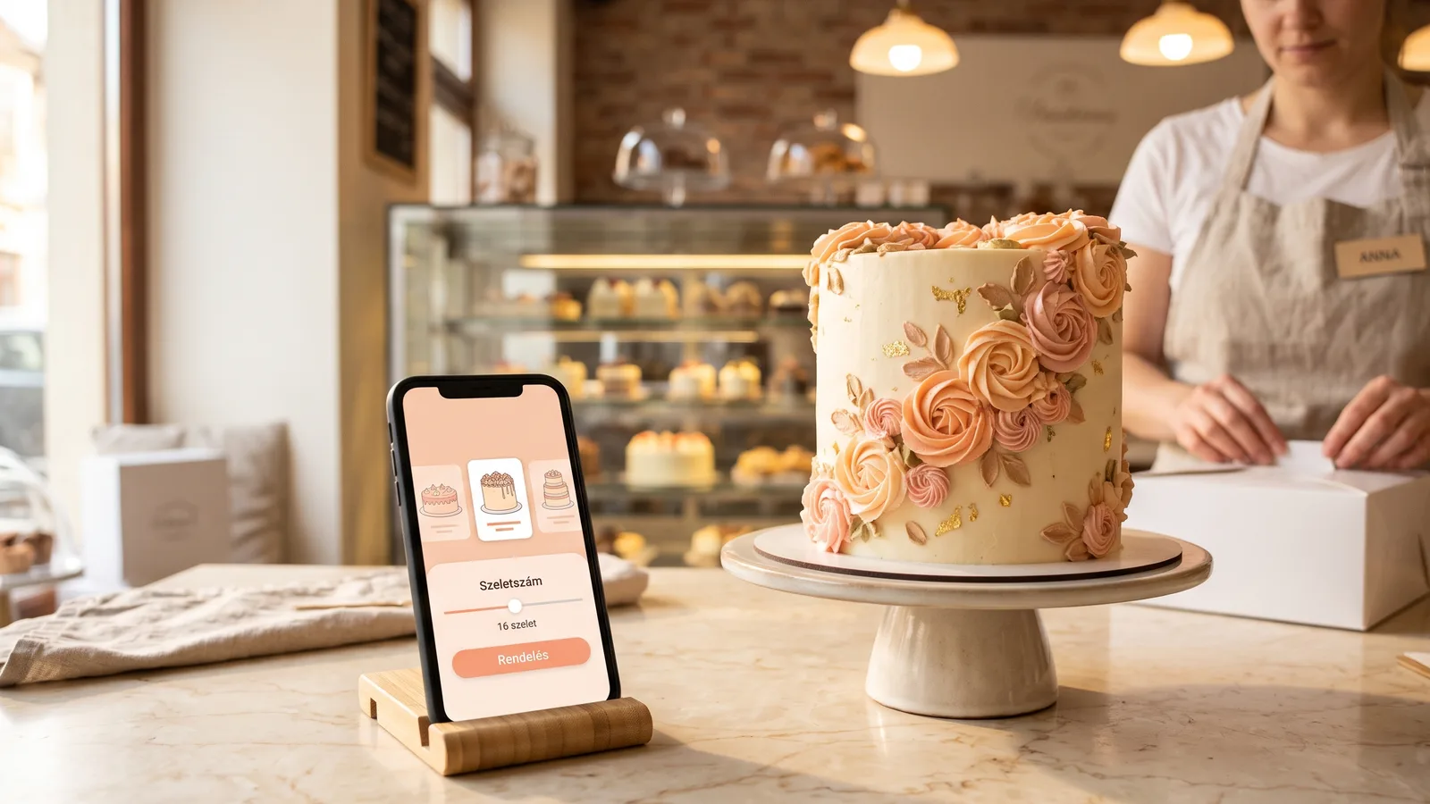Tortarendelő felület telefonon egy cukrászda pultján — szemléltető illusztráció