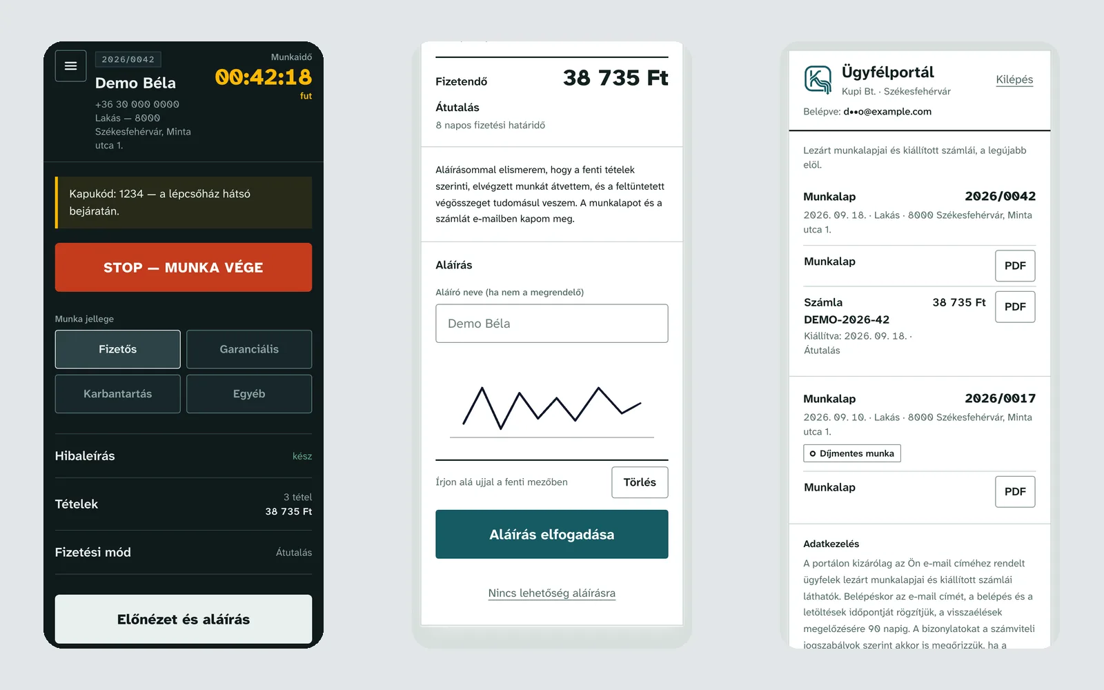 Három telefonos képernyő a munkalap-appból: futó munkaóra a szerelői munkalapon, aláírás a végösszeg alatt, és az ügyfélportál a letölthető munkalapokkal és számlával.