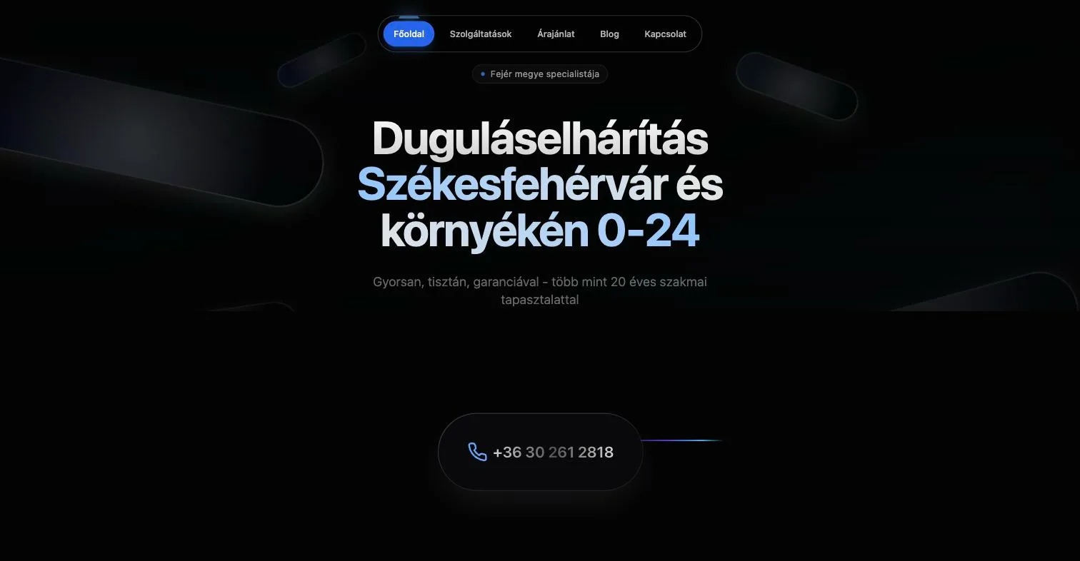 A Kupi Bt. weboldalának főoldala: Duguláselhárítás Székesfehérvár és környékén 0-24, telefonos gombbal.