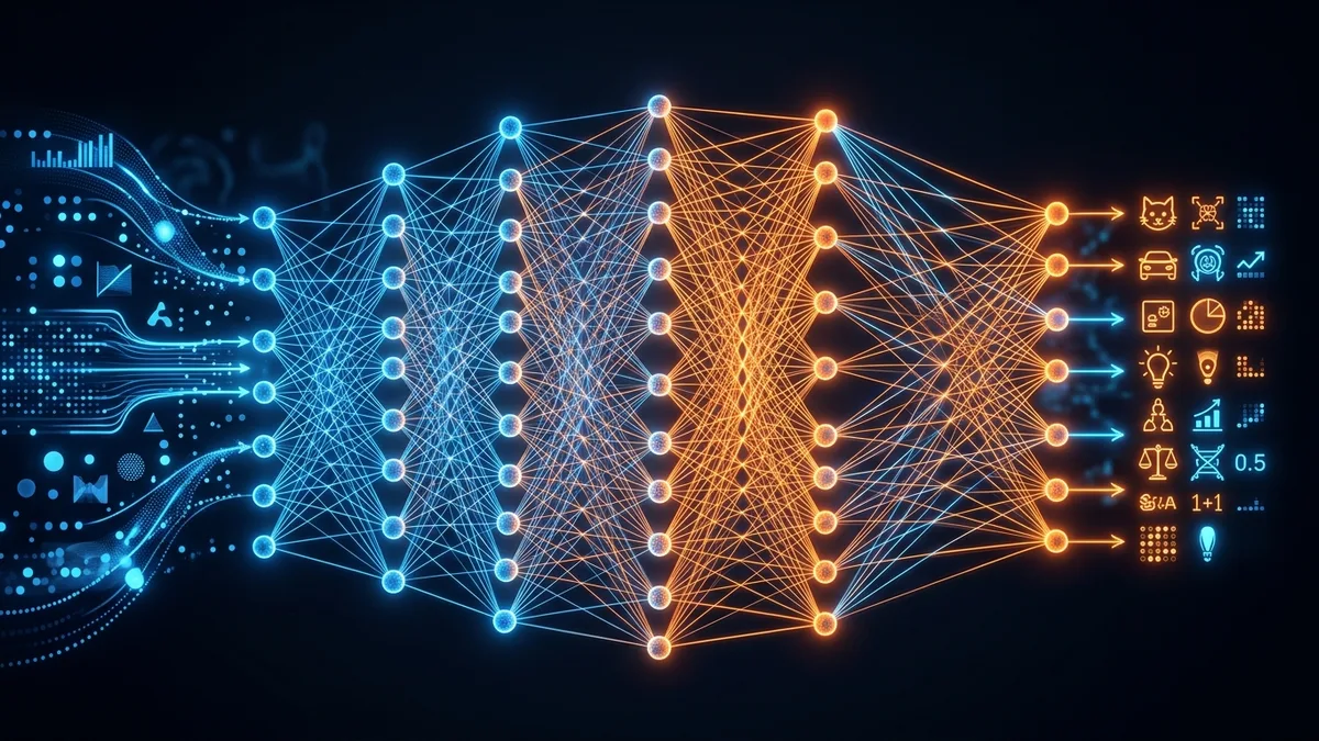 Hogyan működik a mesterséges intelligencia — neurális hálózat és gépi tanulás vizuális ábrázolása