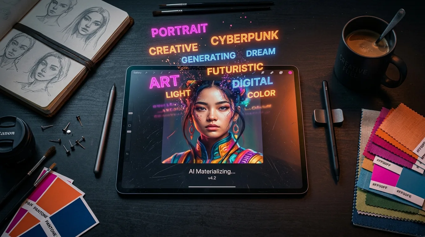 AI képgenerátor használat közben — tableten fotórealisztikus portré készül szöveges promptból, kreatív designer munkaterület