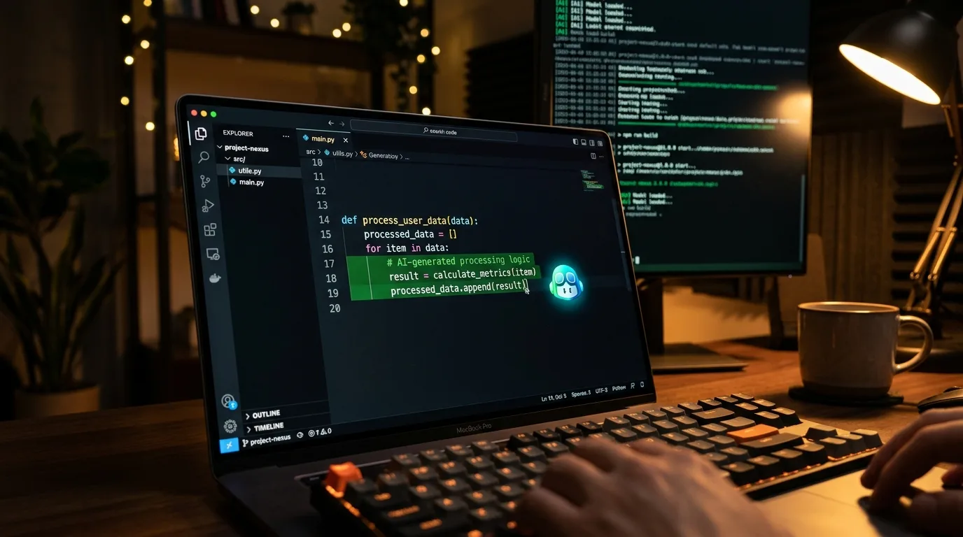 AI kódolási segéd működés közben — VS Code stílusú IDE zölden kiemelt AI-generált kódsorokkal, éjszakai home office hangulat