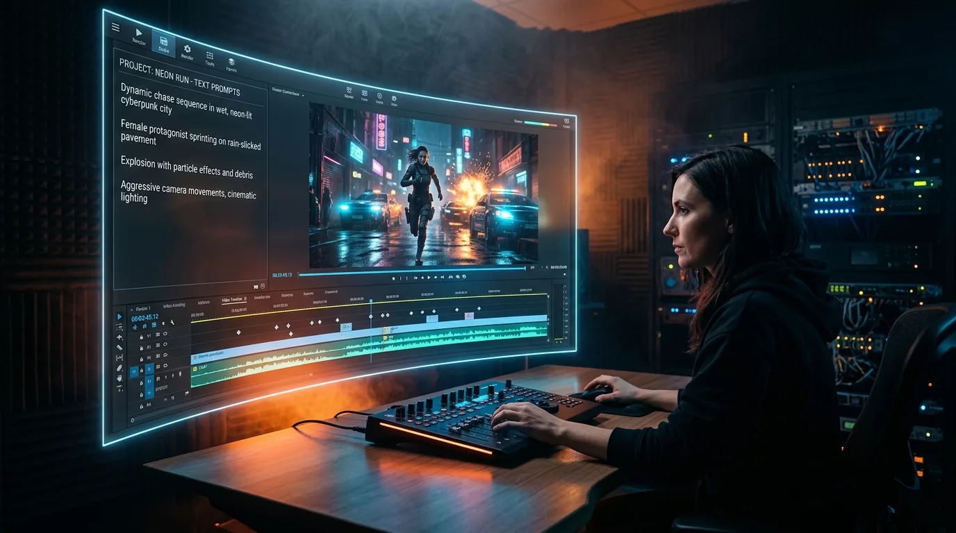 Futurisztikus AI videószerkesztő felület holografikus kijelzőn — szövegből videó generálás, timeline és akciójelenet renderelés