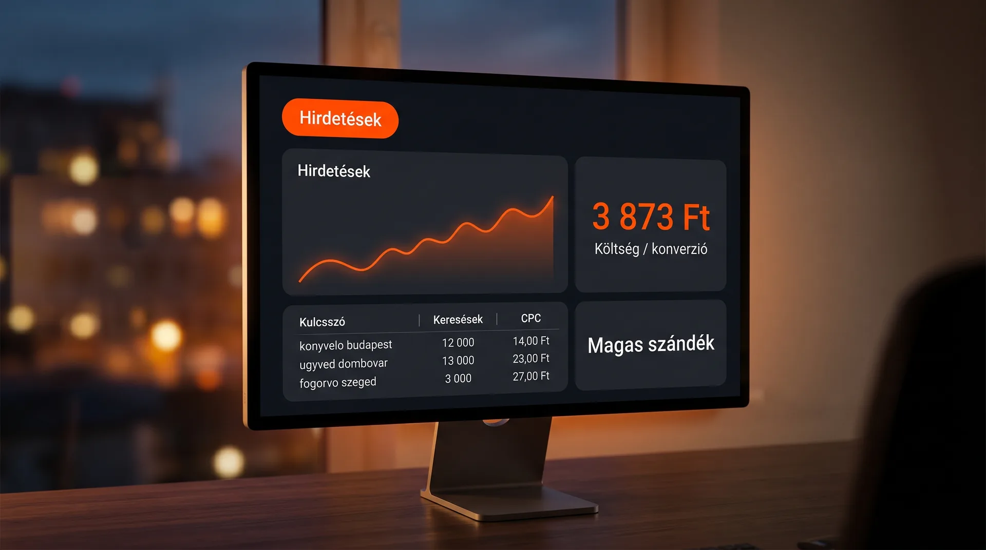 Google Ads dashboard magyar kulcsszavakkal és CPC táblázattal, sötét UI