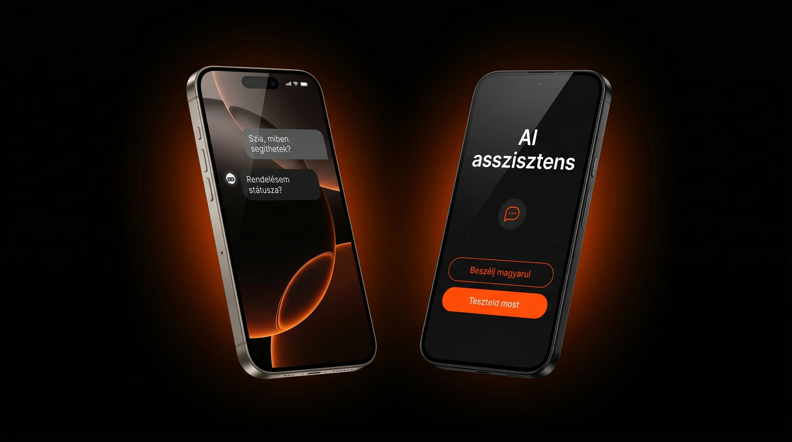 iPhone 16 Pro és Pixel 9 Pro mobil app mockup magyar nyelvű AI chat interface-szel sötét háttéren