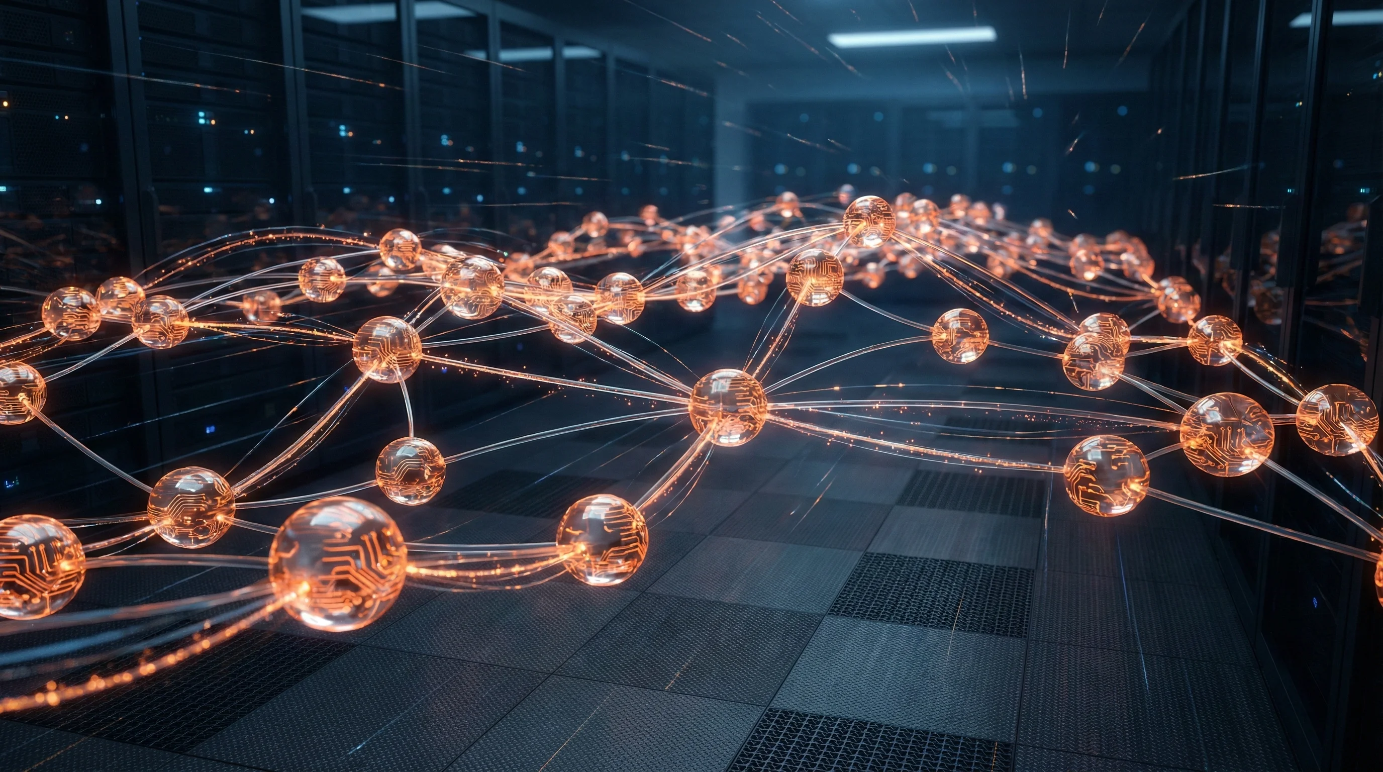 Automatizált workflow pipeline összekapcsolt narancs csomópontokkal és adatfolyamokkal