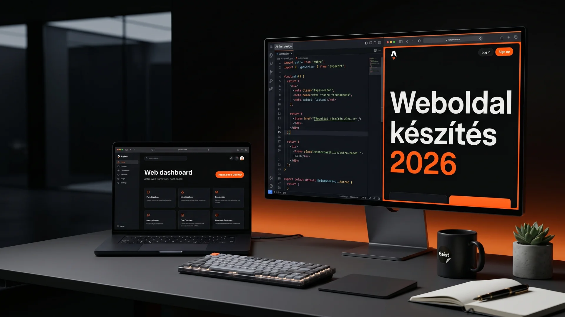 Modern Astro weboldal fejlesztés mockup MacBook Pro M4 és külső monitor split view-val, magyar tartalommal