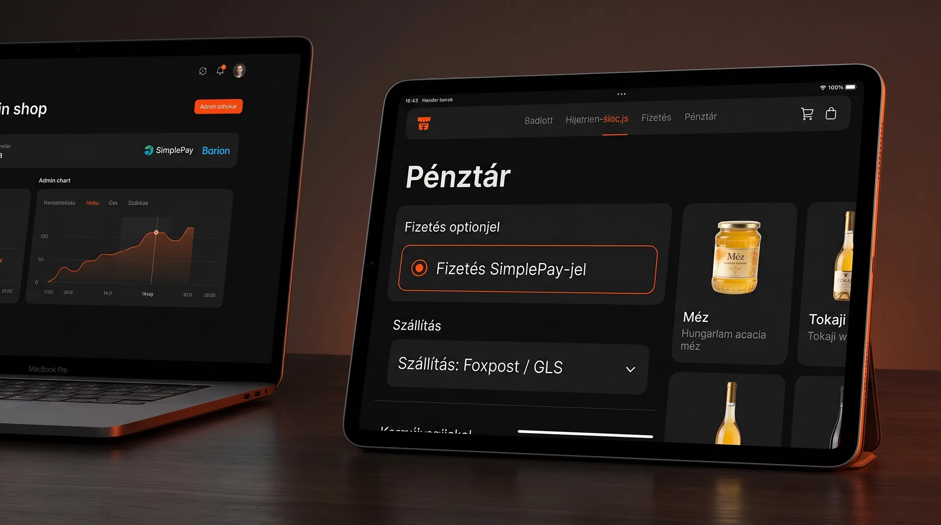 Magyar nyelvű webshop pénztár felület tableten és laptopon SimplePay, Barion, Foxpost és GLS opciókkal, narancs FIZETÉS gombbal