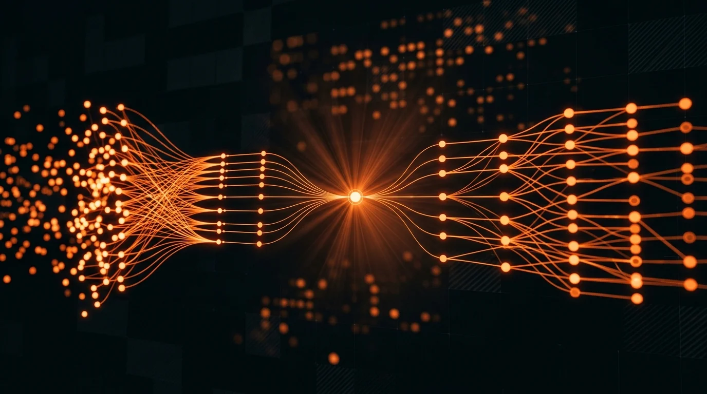 Automatizált ügyfélszerző rendszer vizualizáció — digitális hálózat narancssárga csomópontokkal